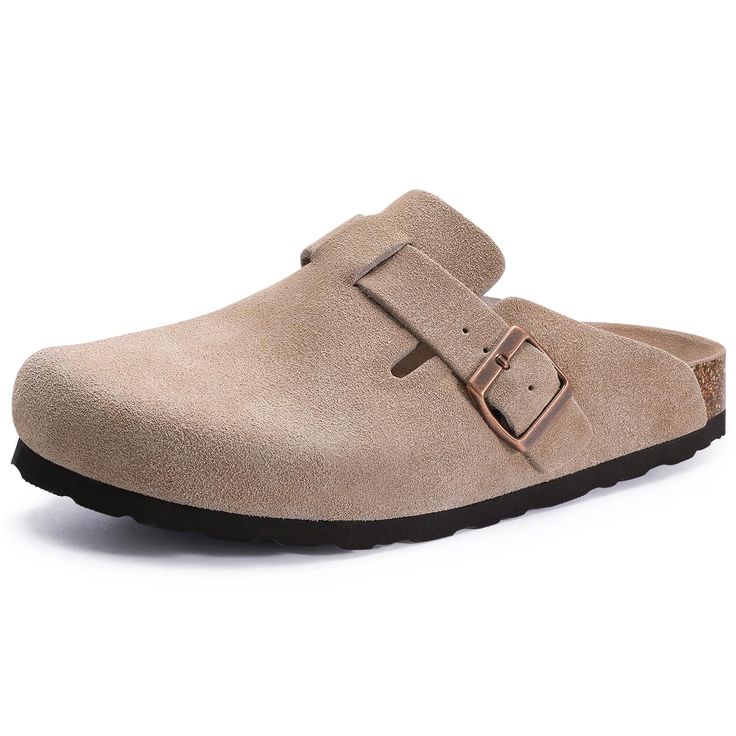 PRICES MAY VARY. Classic Suede Clogs: The no-stitch soft upper is crafted from high-grade genuine suede, classic outlook design with retro-style bronze buckles perfect for complementing various outfits, from casual jeans to formal suits. Step into comfort and style with these women's clogs! Ultimate Comfort: The flexible cork footbed with a deep heel cup molds to your feet, providing personalized arch support that relieves foot pressure, while the suede-lined footbed is cushioned and sweat-absor Potato Shoes, Mules Men, Clog Mules, Slippers With Arch Support, Cork Footbed Sandals, Modest Clothes, Suede Clogs, Men Suede, Women's Clogs