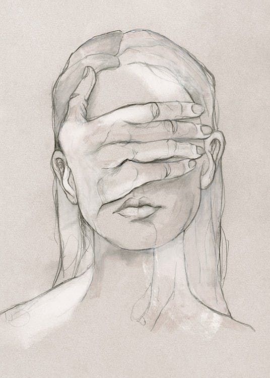 a drawing of a woman holding her hands over her face and covering her eyes with both hands