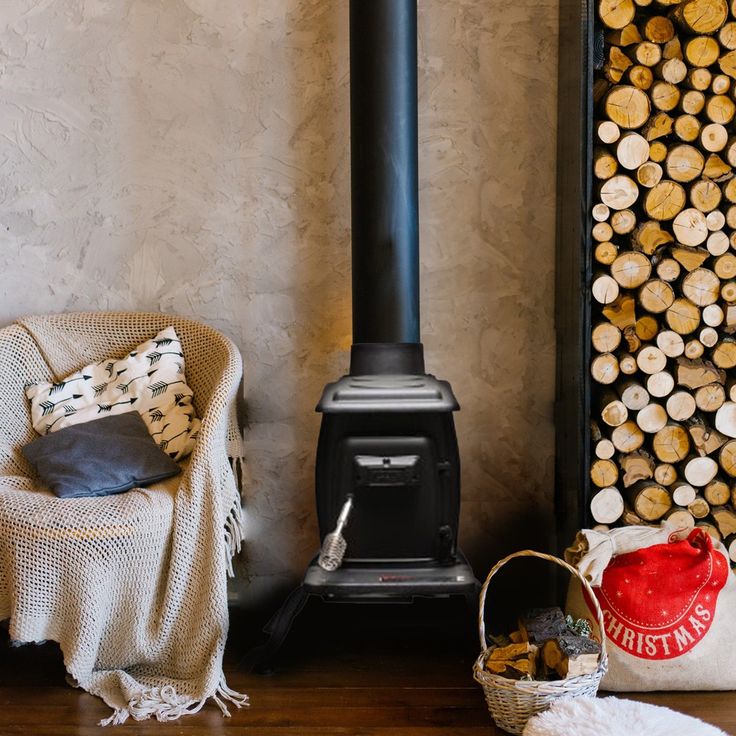 a wood burning stove sitting next to a pile of logs on top of a wooden floor