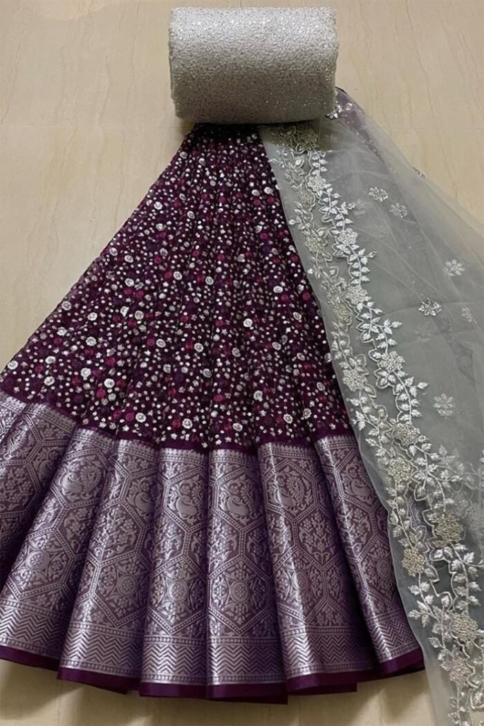 bridal lehenga wine colour : This Stunning six-yard beauty is a serene organza lehenga choli that is skillfully made with All Over Work. We have poured all the love into careful Weaved the hand sequin work on saree wine colour bridal lehenga kanchi organza half sarees for is paired with matching Blouse and Dupatta. Wine Colour Lehenga, Khatli Work, Combination Dresses, Wine Colour, Organza Lehenga, Saree Georgette, Half Sarees, Lehenga Online, Indo Western Dress