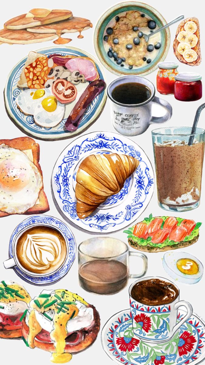 a painting of breakfast foods and drinks on plates