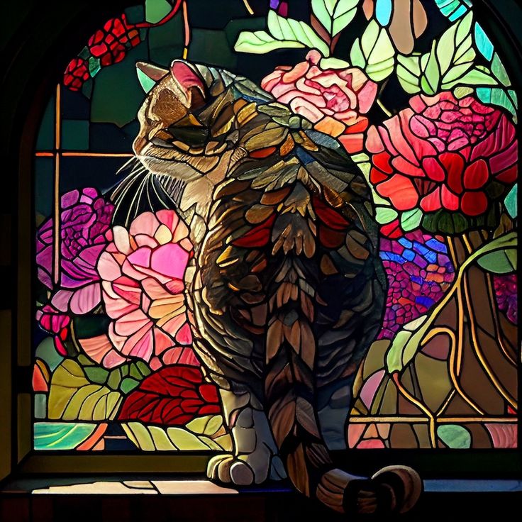 a cat sitting in front of a stained glass window with flowers and leaves on it