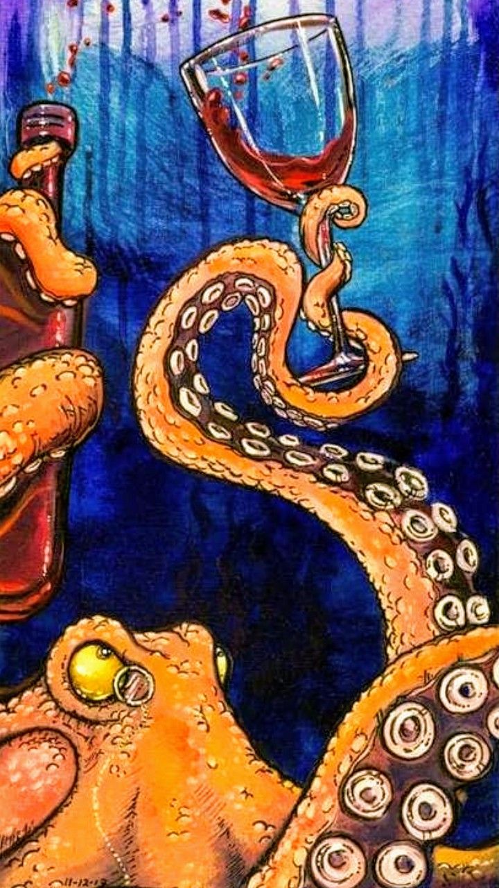 an octopus holding a glass of wine in it's mouth while another octopus looks on