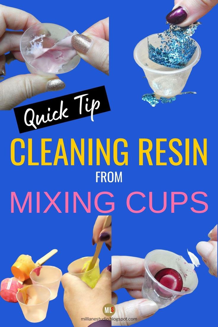 the cover of quick tip cleaning resinin from mixing cups, with images of hands holding small bowls and spoons