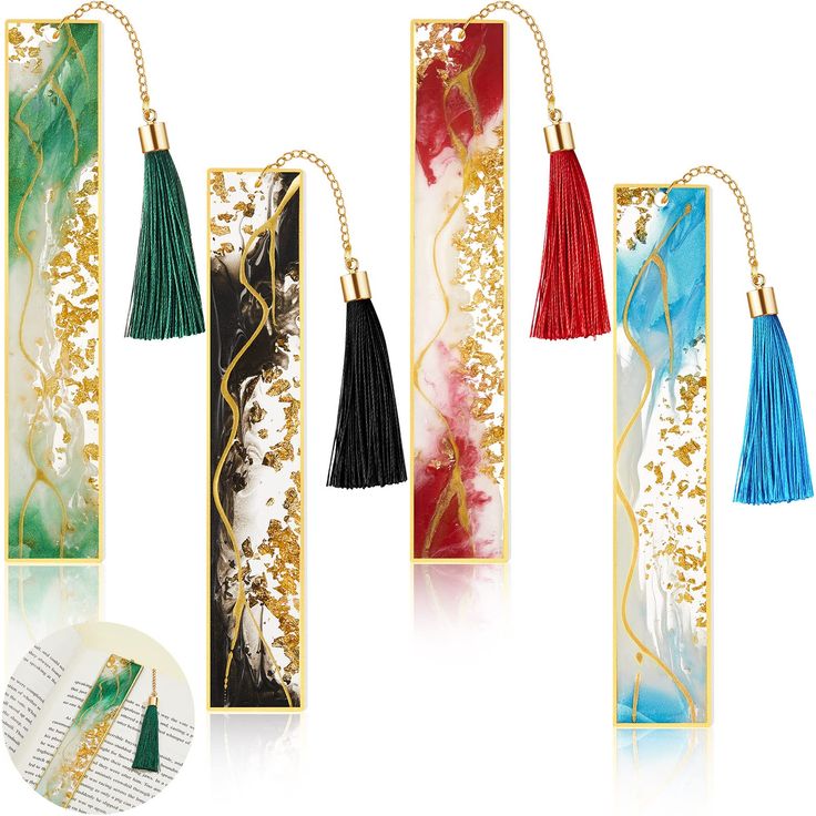 PRICES MAY VARY. Quantity and Style: you will get 4 resin gilt bookmarks for women in different colors, including black gilt, blue gilt, green gilt and red gilt; Each one with a different color tassel, delicate and beautiful; They are enough for your daily needs and can be given as gifts to your friends and classmates Beautiful design: each bookmark has a gilt pattern, which is stylish and delicate, and the smooth lines can better show your taste Wide Range of Uses: the gilt book marks with tass Resin Bookmarks, Feather Bookmark, Penanda Buku, Bookmarks For Books, Tassel Bookmark, Paper Bookmarks, Flower Bookmark, Diwali Celebration, Cute Bookmarks