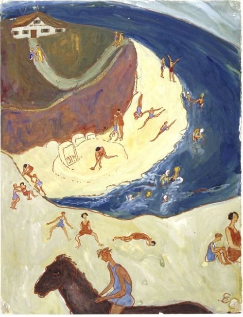 a painting of people playing on the beach and swimming in the water, with a horse