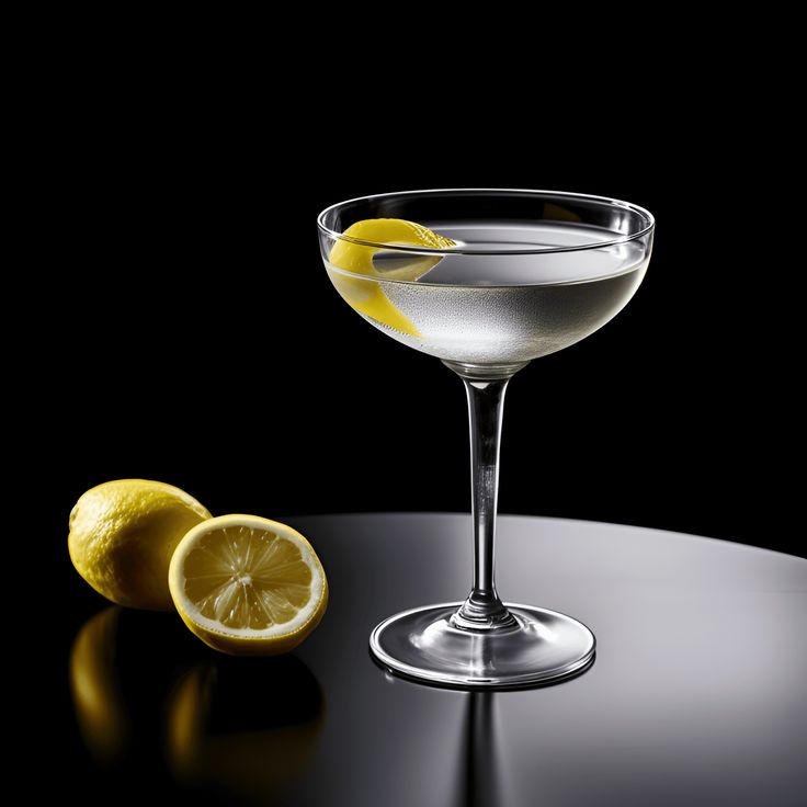 a glass filled with liquid next to a sliced lemon on top of a black table