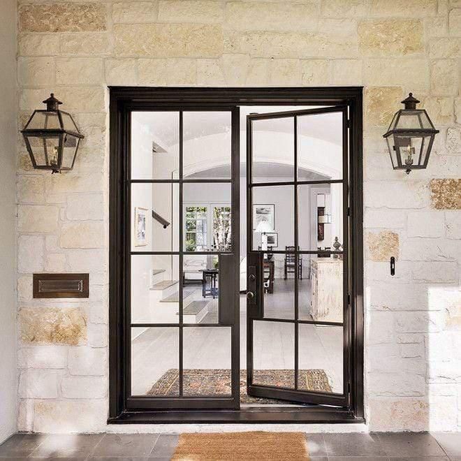 IWD Double Exterior Wrought Iron French Door CIFD-D0103 Square Top Low-E Glass 8-Lite Steel French Doors, Office Doors, Metal Front Door, Iron Front Door, Steel Front Door, Iron Entry Doors, French Doors Exterior, Black Front Doors, Metal Doors