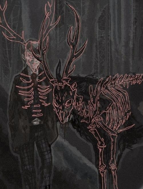 a drawing of a man standing next to a deer in the woods with red lines on it's antlers