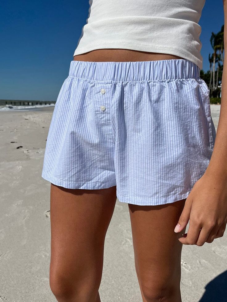 Blue Striped Straigth Shorts Women Summer Elastic Waist Buttons Casual Short Pant Sweet Girl Cotton Womens Boxer Shorts, Ruffles Pattern, Pajamas Shorts, Womens Boxer, Boxers Shorts, Shorts Pajamas, Brandy Melville Shorts, Look Short, Shorts Style