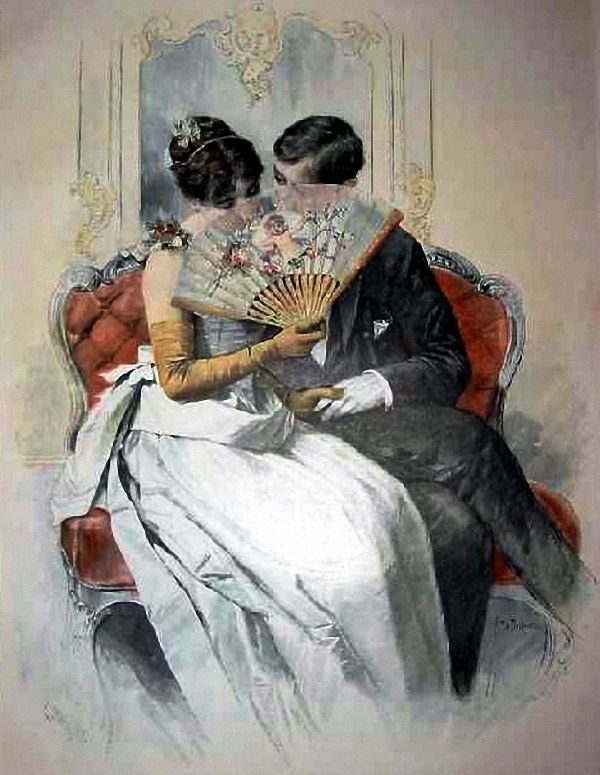 an old fashion picture of two women sitting on a chair with a fan in their hands