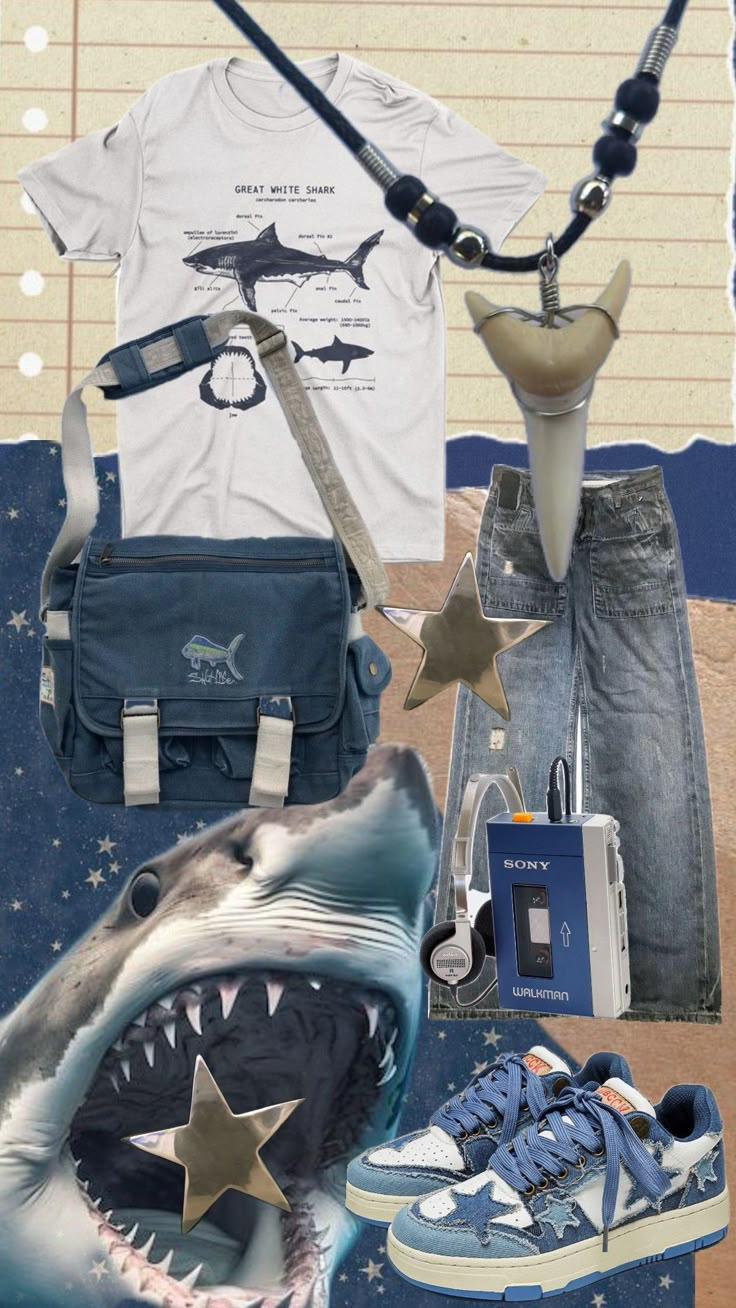 #shark #outfit #ideas #autistic #viral #fyp Shark Bite Pants, Shark Outfit Ideas, Ocean Clothing Aesthetic, Shark Themed Outfit, Shark Core Outfits, Fishcore Outfit, Shark Inspired Outfit, Whale Shark Outfit, Sharkcore Outfits