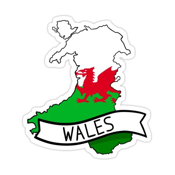 wales sticker with the flag and map in red, white, and green colors