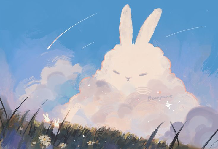 a painting of a bunny rabbit sitting in the grass with clouds and stars above it