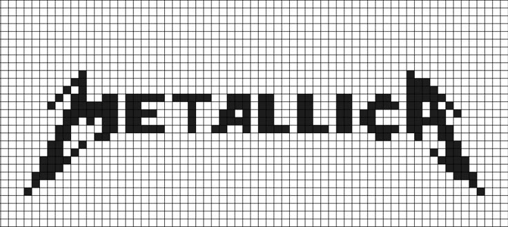 A pixel art template of the Metallica logo, black (text) on white. Deftones Pixel Art, Metallica Perler Beads, Band Pixel Art, Band Logo Pixel Art, Band Cross Stitch, Nirvana Alpha Pattern, Metallica Alpha Pattern, Band Alpha Pattern, Rock Band Alpha Pattern