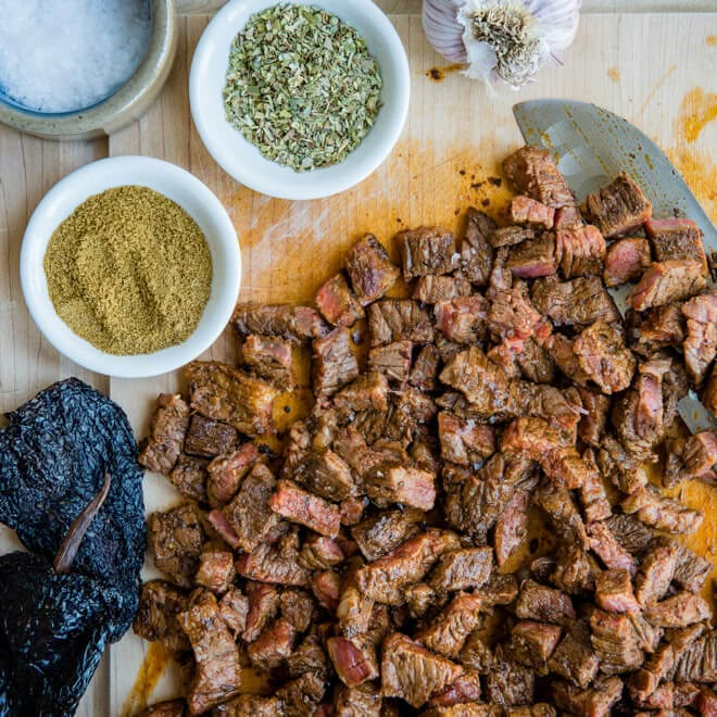 the meat is cut up and ready to be put into the grilling pans