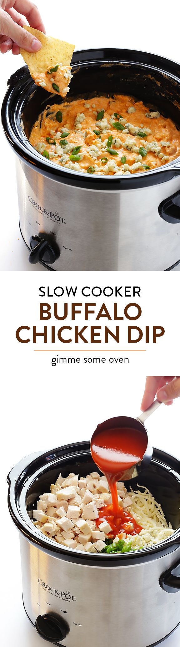 the slow cooker buffalo chicken dip is being served in an electric crockpot