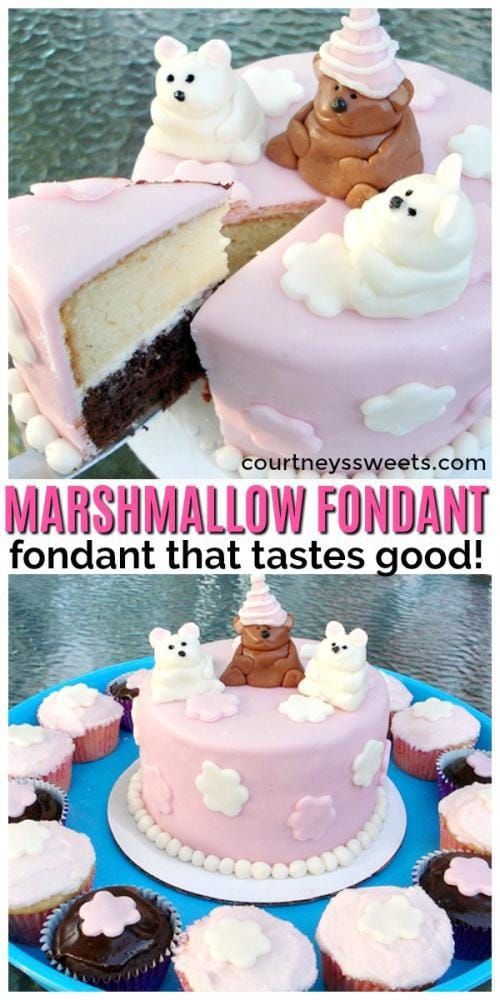 there is a pink cake with white frosting and teddy bears on the top it says marshmallow fondant i fondant that tastes good