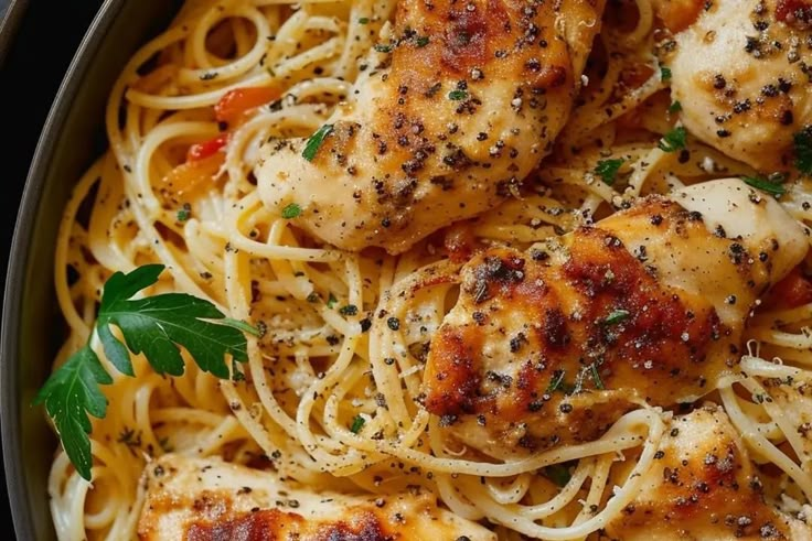 pasta with chicken and parmesan cheese in a skillet, garnished with parsley