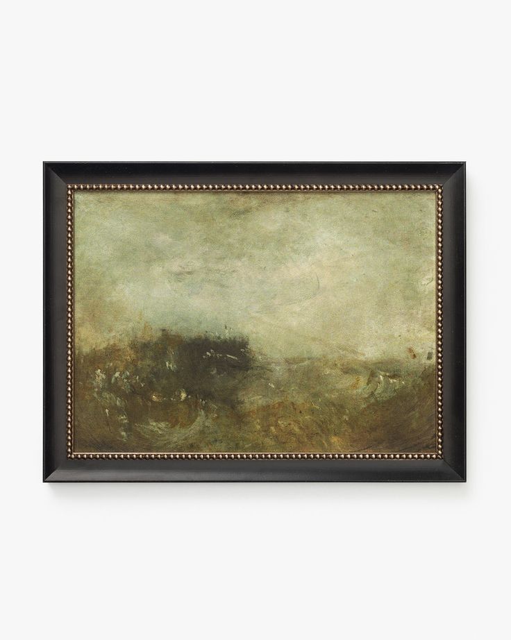 a painting hanging on the wall above a white wall with a black frame and gold trim