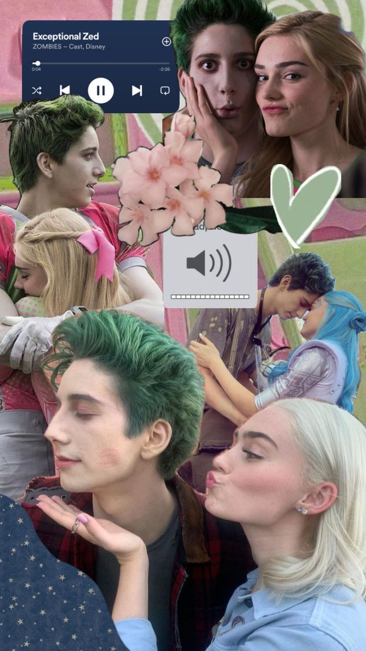 the collage shows two people with green hair and one is holding her hand up to her face