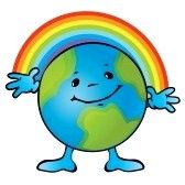 a cartoon earth character holding his hands up with a rainbow in the background, on a white