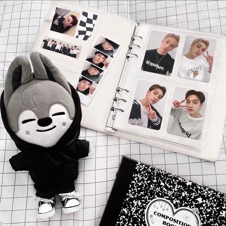 a stuffed animal is next to an open book with photos on it and a notebook