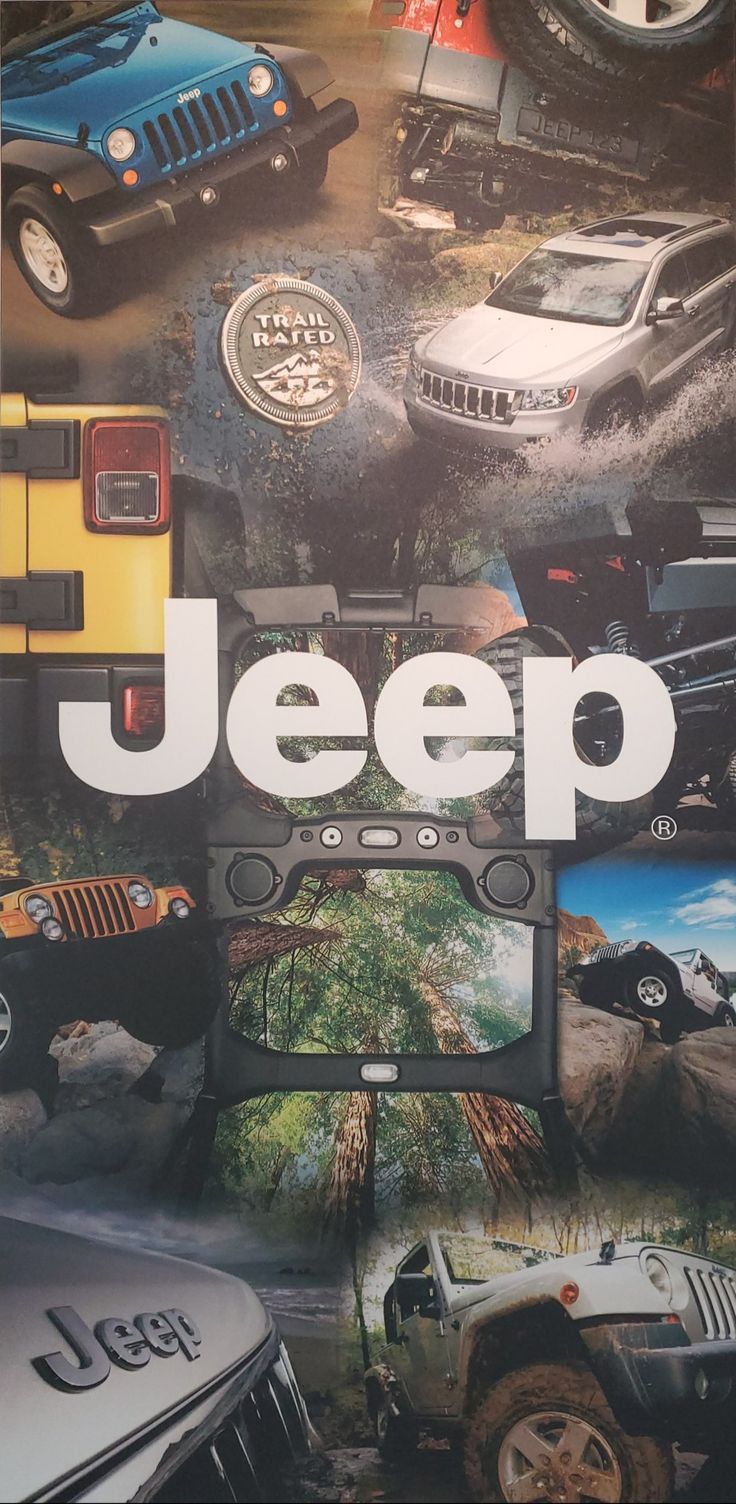 the jeep advertisement is displayed in front of other vehicles