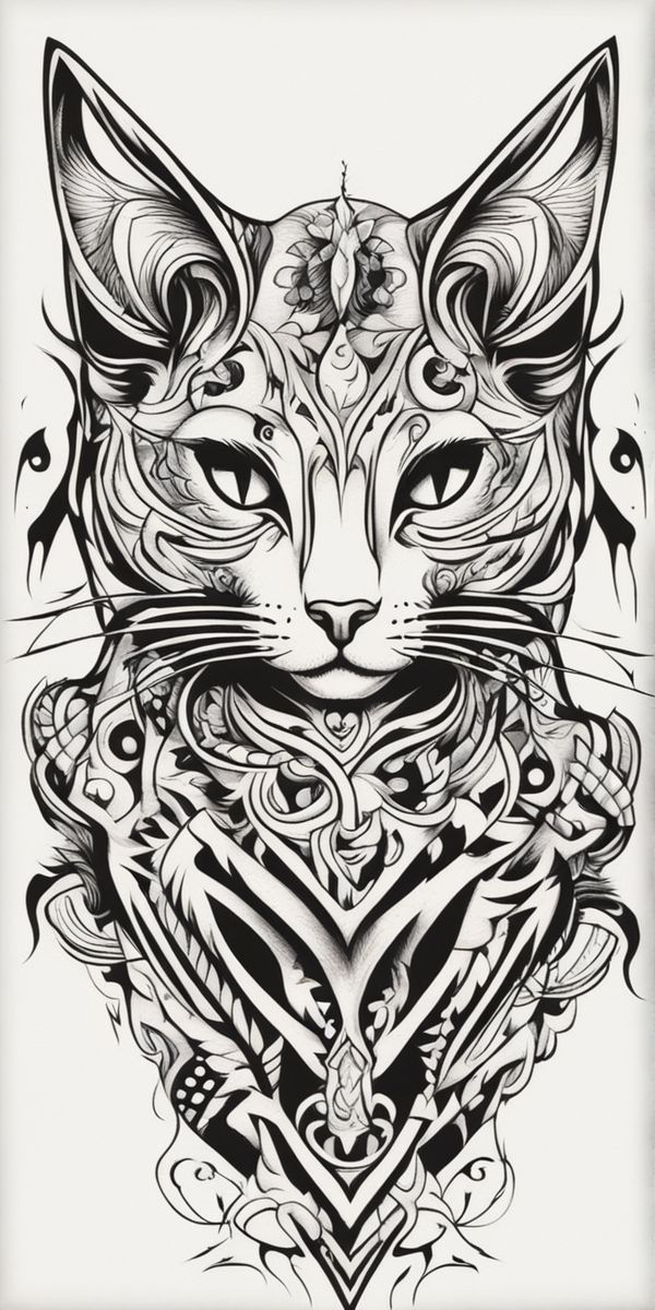 a black and white drawing of a cat's face with ornate designs on it