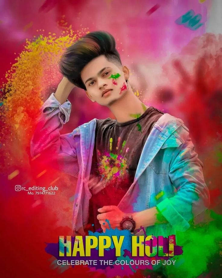 a young man with colorful paint on his face and the words happy holi celebrate the colours