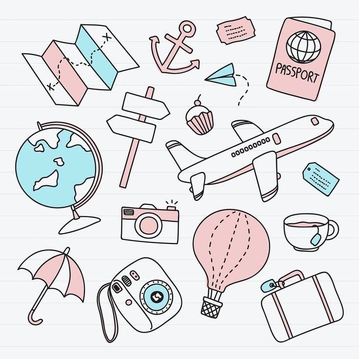 a bunch of travel related items on a piece of lined paper with lines in the background