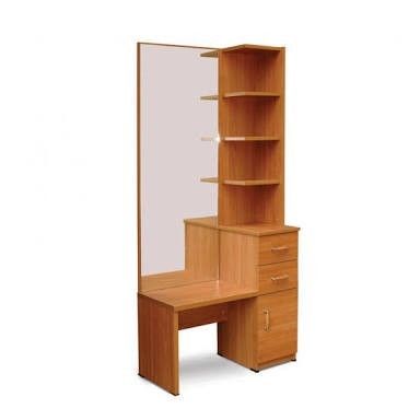 a wooden desk with drawers and a mirror on it's side, in front of a white background