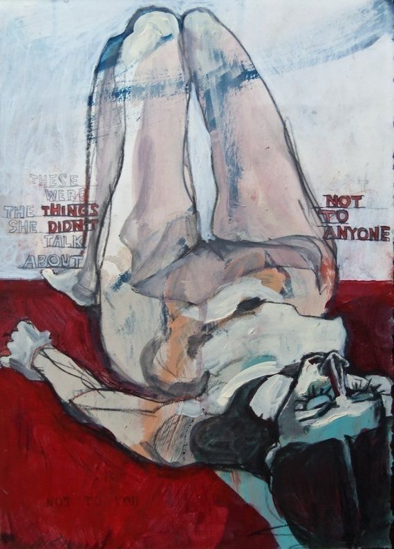 a painting of a woman's legs and feet laying on a red couch with the words not everyone above her