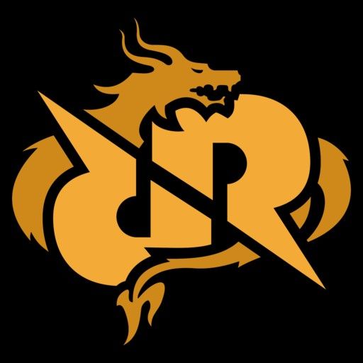 a black and yellow logo with a dragon on it's head in the center