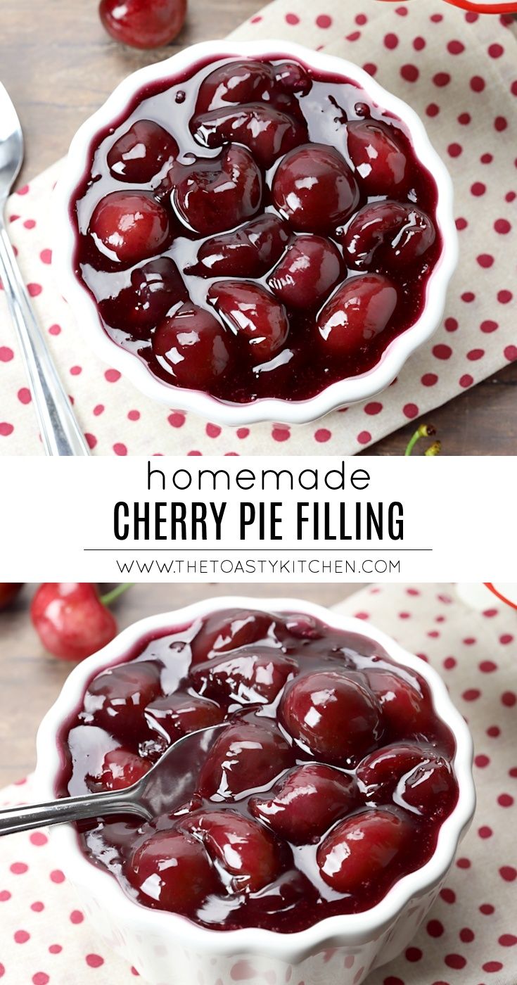 homemade cherry pie filling in a white bowl with cherries on the side and text overlay reading homemade cherry pie filling