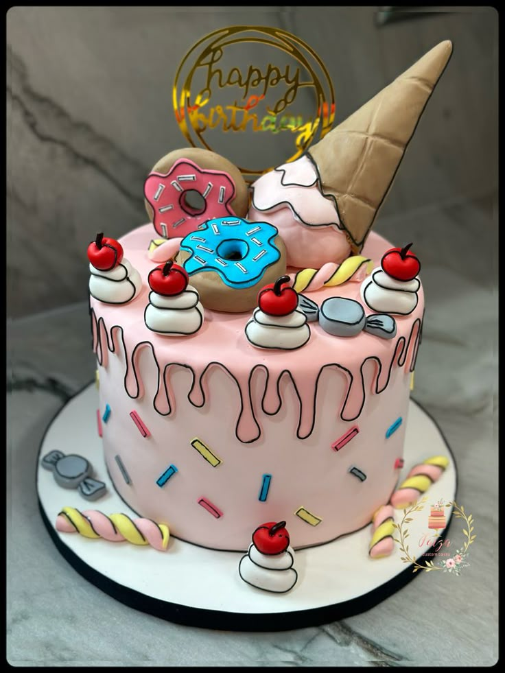 a birthday cake decorated with donuts and sprinkles