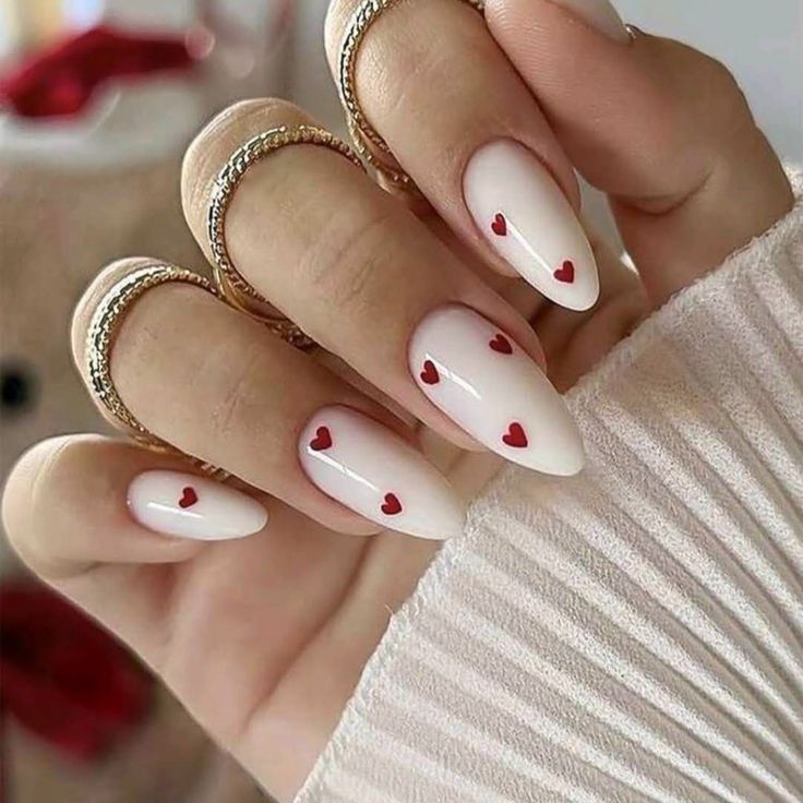 Elevate Your Nail Game With This 24pcs Almond-Shaped Press On Nails Set In White With Red Hearts! Upgrade Your Nail Game And Add A Touch Of Elegance And Romance To Your Look With This Press-On Nail Set. Perfect For Special Occasions, Parties, Or Everyday Glam. The White Color Base Combined With Vibrant Red Hearts Creates A Striking Contrast, Making Your Nails The Center Of Attention Wherever You Go. What's Included: 24 Almond-Shaped Press On Nails In White With Red Hearts Free Nail File For Perf Spring Manicure, Milky Nails, February Nails, Her Nails, Red Nail, Nail Swag, Spring Nail, Heart Nails, Valentine's Day Nails