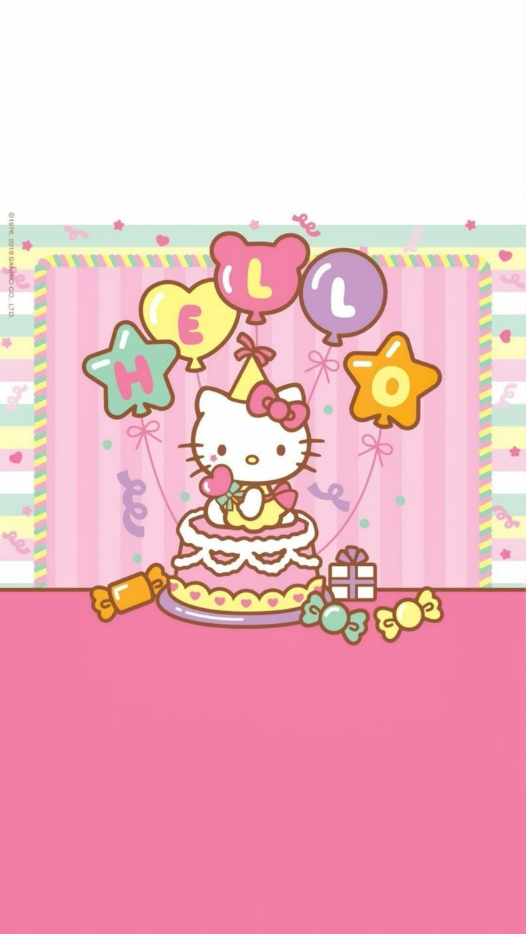 hello kitty birthday card with balloons and cake