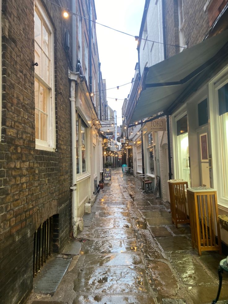 an alley way with brick buildings on both sides and rain falling down the street in front