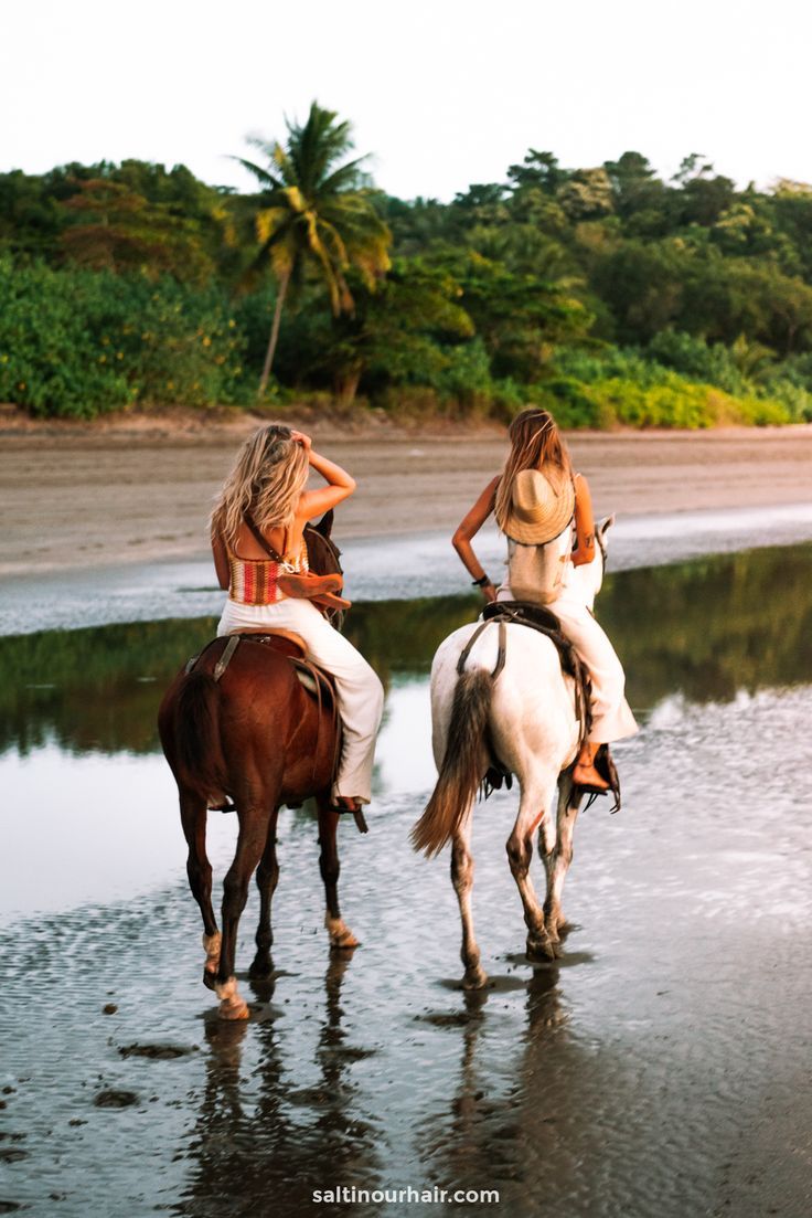 two women riding horses on the beach next to water and palm trees in the background