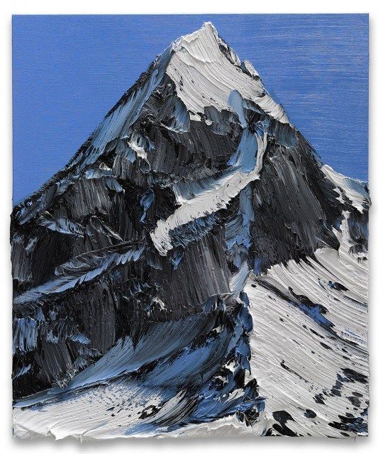 a painting of a snow covered mountain peak