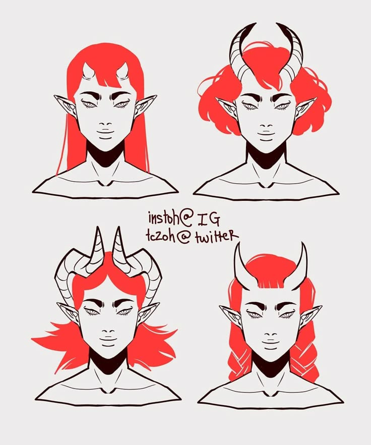 four different styles of red hair with horns and horns on their head, one in the middle