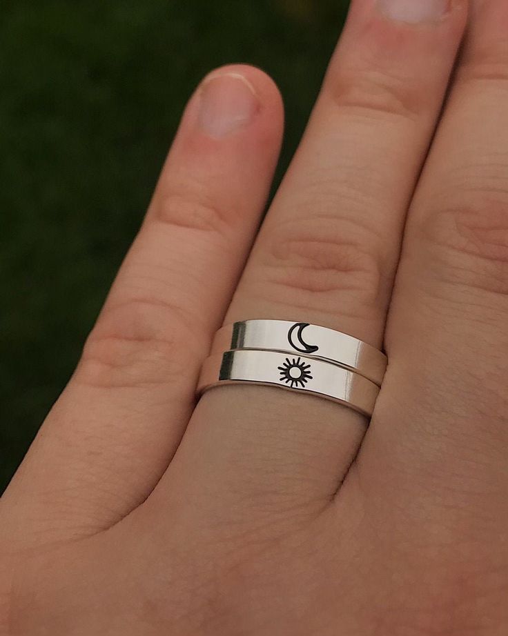 "Matching sun and moon best friend rings, match with your bestie with this adorable dainty ring set. DETAILS: -Two Matching Rings -Each ring is hand stamped -Ring is Sterling Silver -4mm in thickness You will receive two hand-stamped sterling silver rings filled with a black enamel finish. **Every item is handmade, this means that each will be unique and may not look EXACTLY like the picture, but it will look very similar ➡ORDER PROBLEMS If there are any problems with your order please contact m Open Ring With Sun And Moon Design For Gift, Sun And Moon Design Open Ring For Gift, Sun And Moon Design Open Ring As Gift, Sun And Moon Design Open Ring, White Rings With Sun And Moon Design As Gift, Rings For Besties, Sun And Moon Best Friend, Platonic Wedding, Rings For Sisters