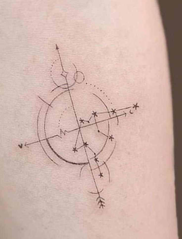 a small compass tattoo on the right thigh