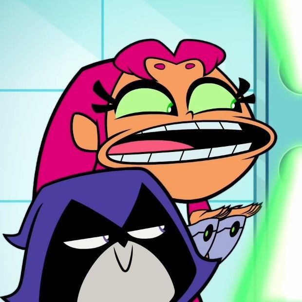 an animated character with pink hair and green eyes, holding onto another character's head