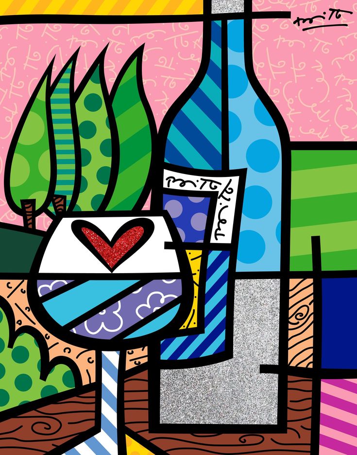 a painting of a wine glass with a heart on it next to a bottle and potted plant