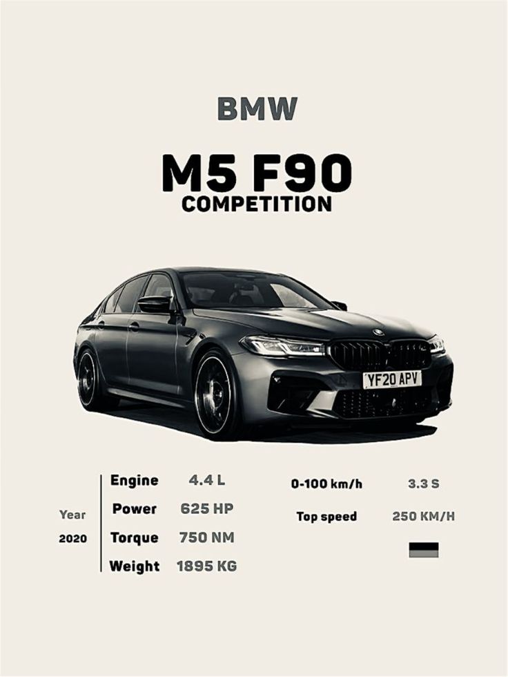 the bmw m5 f90 competition car is shown in black and white, with its price