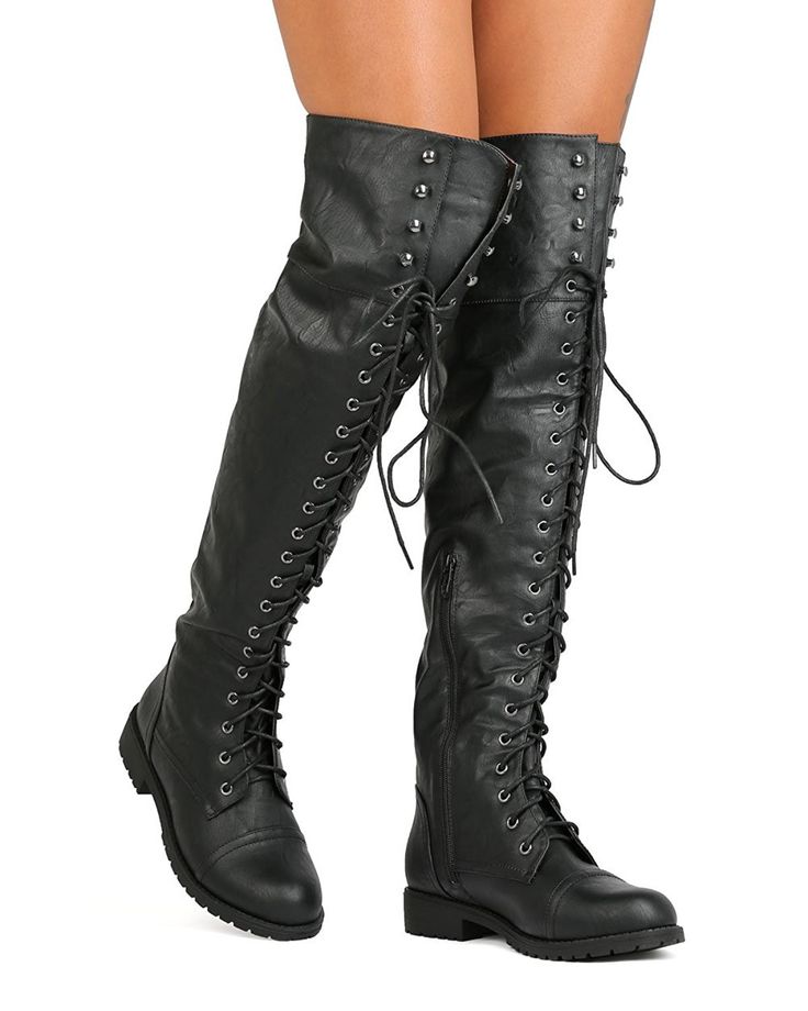 FG08 Women Leatherette Over The Knee Lace Up Combat Boot - Black - Black - CM12N16B5LU - Women's Shoes, Boots, Over-the-Knee  #fashion #style #shoes #ootd #fashionwomen #shopping #Over-the-Knee Boots No Heel, Thigh High Combat Boots, Heeled Combat Boots, Over The Knee Boot Outfit, Knee Boots Outfit, Women's Over The Knee Boots, Womens Combat Boots, Lace Up Combat Boots, Combat Boot