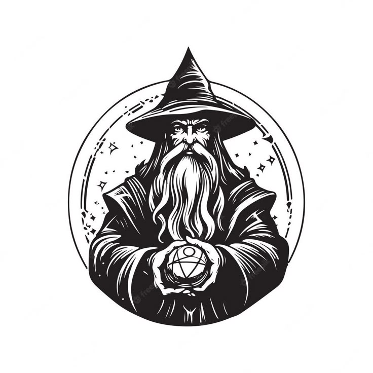 an old wizard holding a ball in his hand and wearing a hat with stars around it