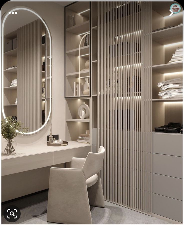 a white chair sitting in front of a large mirror on top of a wall next to a desk